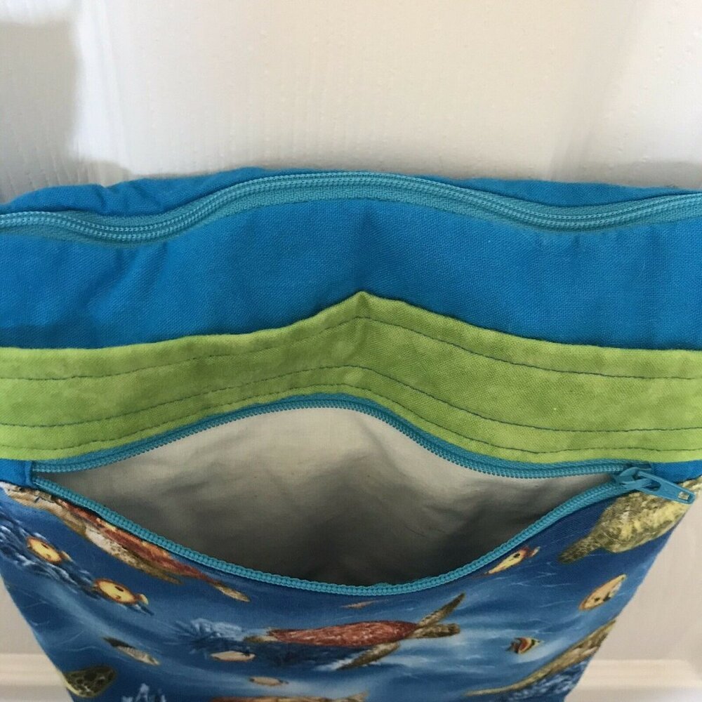 Colorful Sea Turtles Fish Cotton Shoulder Handbag 11" X 9" Blue Green Teal Ocean - Picture 3 of 9